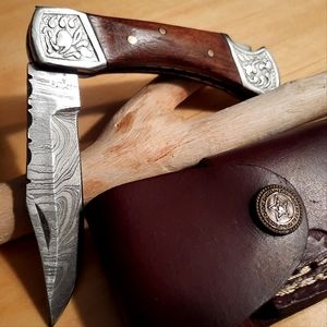 Damascus steel custom handmade pocket knife,w  leather sheath, new, beautiful!